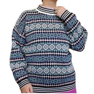 80s Fair Isle Pastel Mockneck Oversized Sweater M Blue Pink Cotton Vintage Kawai